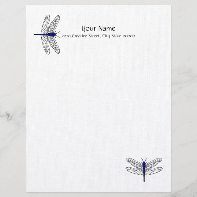 Blue Dragonfly Letterhead Linen Stationary Brevhuvud (Framsida)