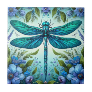 Blue Dragonfly med blommor Kakelplatta