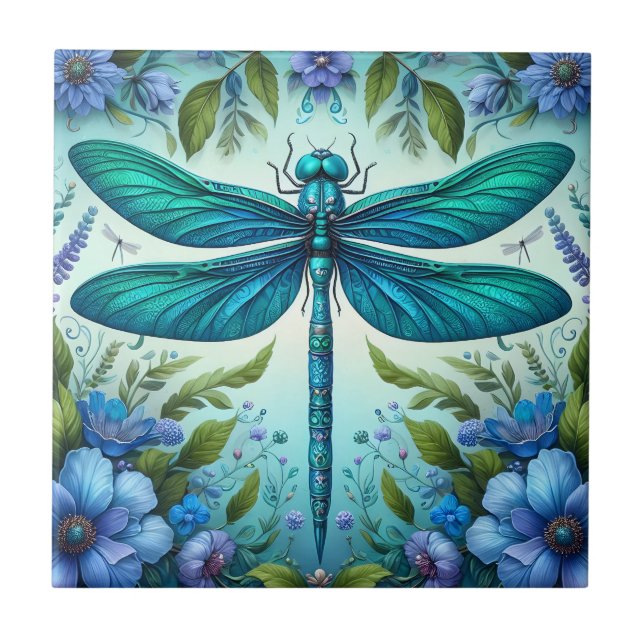 Blue Dragonfly med blommor Kakelplatta (Framsidan)