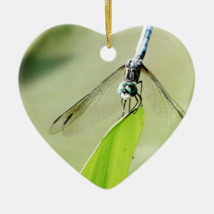 Blue Dragonfly på grönten löv Julgransprydnad Keramik