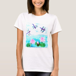 Blue Dragonfly, Rosa Waterlilly Flowers T-shirt