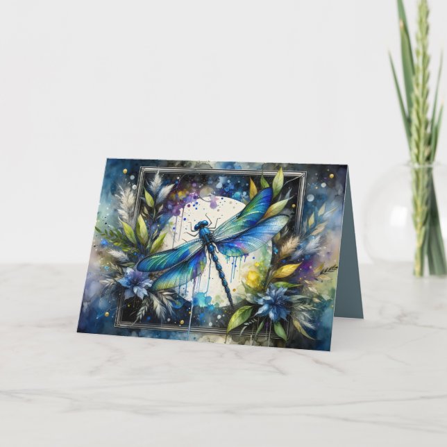 Blue Dragonfly Watercolor Botanical Kort (Framsida)