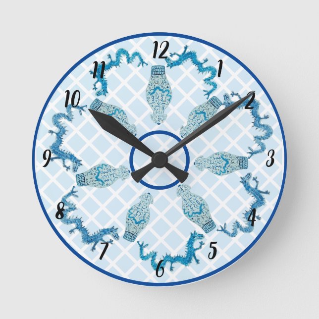 Blue Dragons Chinoiserie Ginger Burk Burk Rund Klocka (Framsida)