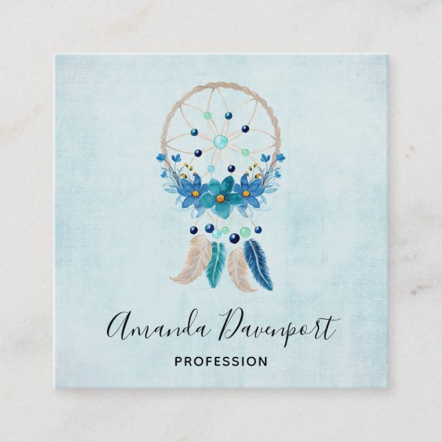 Blue Dreamcatcher Snyggt Boho Design Fyrkantigt Visitkort (Framsida)