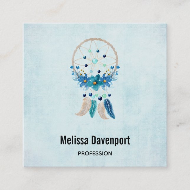 Blue Dreamcatcher Snyggt Boho Design Fyrkantigt Visitkort (Framsida)