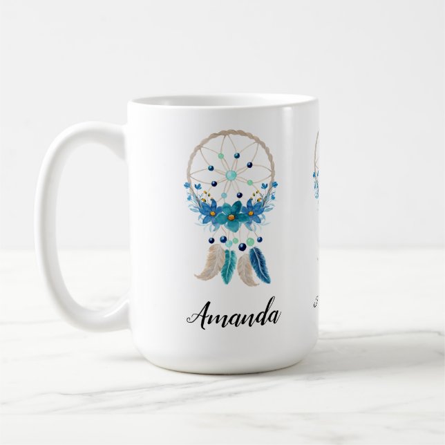Blue Dreamcatcher Snyggt Boho Design Kaffemugg (Vänster)