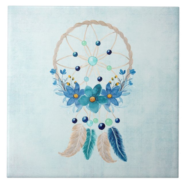 Blue Dreamcatcher Snyggt Boho Design Kakelplatta (Framsidan)