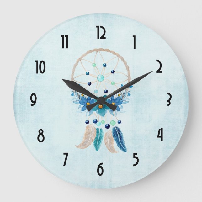 Blue Dreamcatcher Snyggt Boho Design Stor Klocka (Framsida)