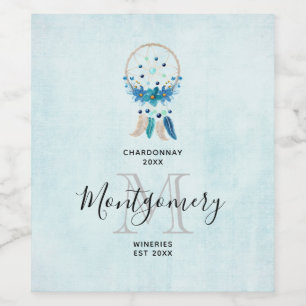 Blue Dreamcatcher Snyggt Boho Design Vin Skapar Vinflaska Etikett