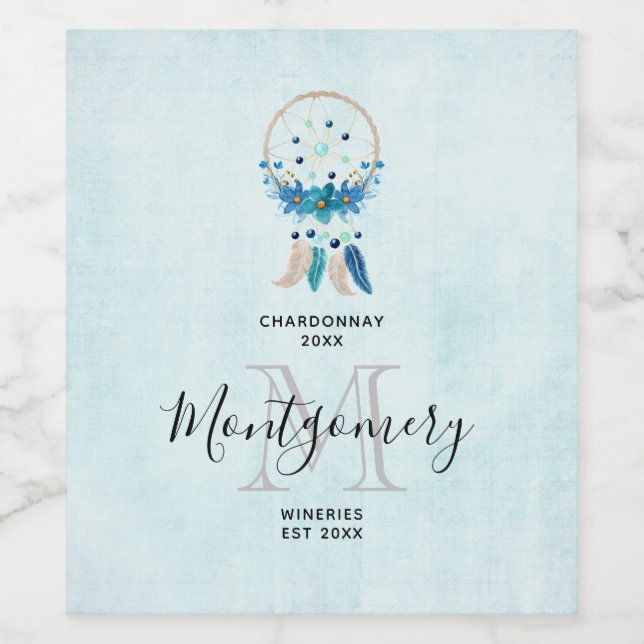 Blue Dreamcatcher Snyggt Boho Design Vin Skapar Vinflaska Etikett (Singel etikett)