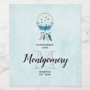 Blue Dreamcatcher Snyggt Boho Design Vin Skapar Vinflaska Etikett