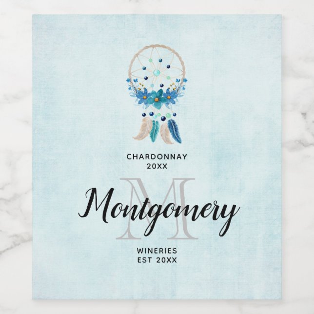 Blue Dreamcatcher Snyggt Boho Design Vin Skapar Vinflaska Etikett (Singel etikett)