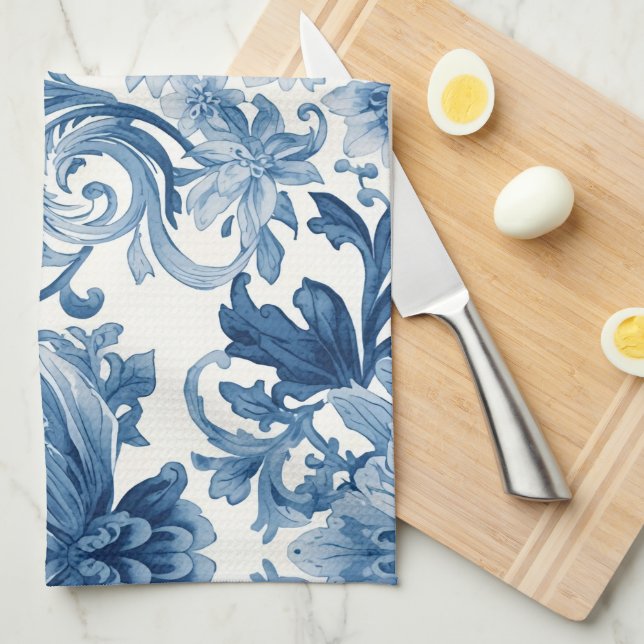 Blue Dreams | Floral Watercolor Chinoiserie Kökshandduk (Vikt i Fjärdedel)