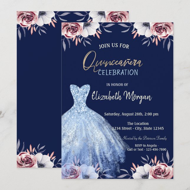 Blue Dress Blommigt Navy Blue Quinceañera Inbjudningar (Fram/baksida)