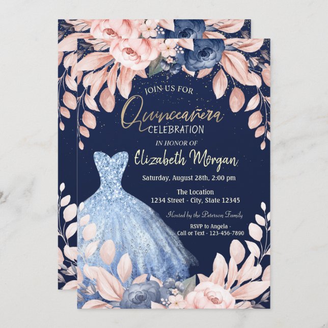 Blue Dress Blommigt Quinceañera Inbjudningar (Fram/baksida)