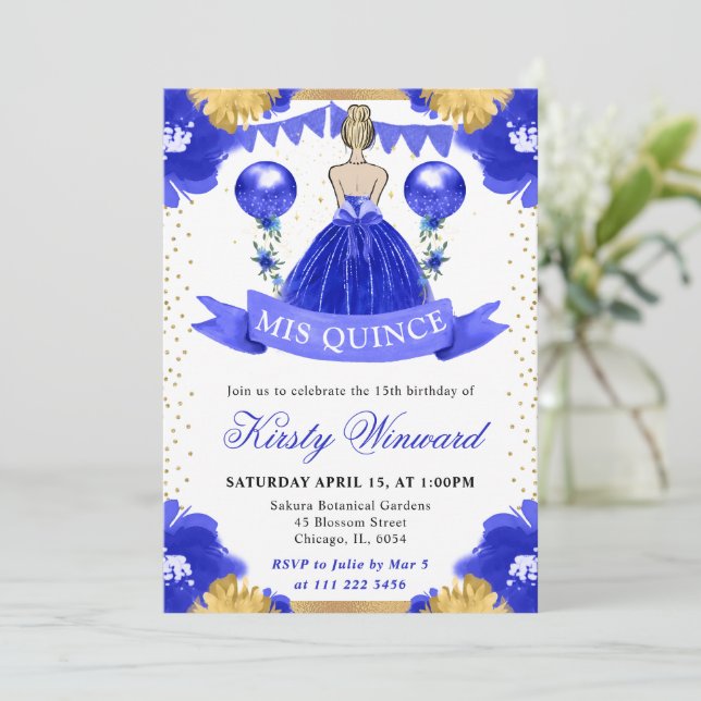 Blue Dress Blonde Hairprincess Quinceanera Inbjudningar (Stående Fram)