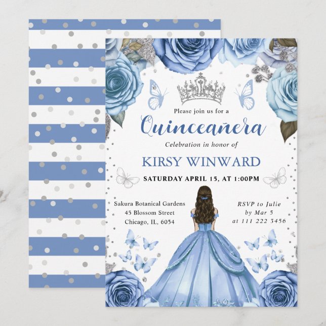 Blue Dress Brunette Hair Princess Quinceanera in Inbjudningar (Fram/baksida)