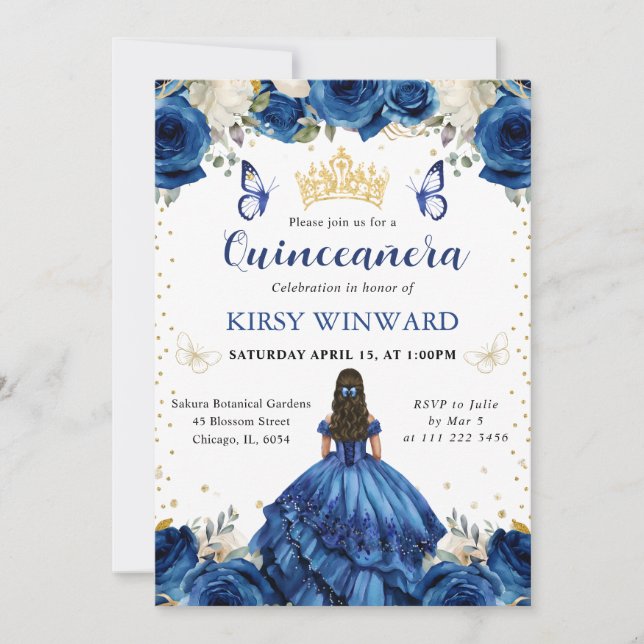 Blue Dress Brunette Hair Princess Quinceanera Inbjudningar (Framsida)