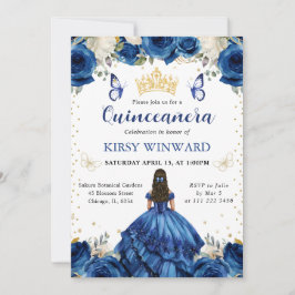 Blue Dress Brunette Hair Princess Quinceanera Inbjudningar