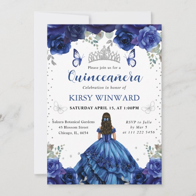 Blue Dress Brunette Hair Princess Quinceanera Inbjudningar (Framsida)
