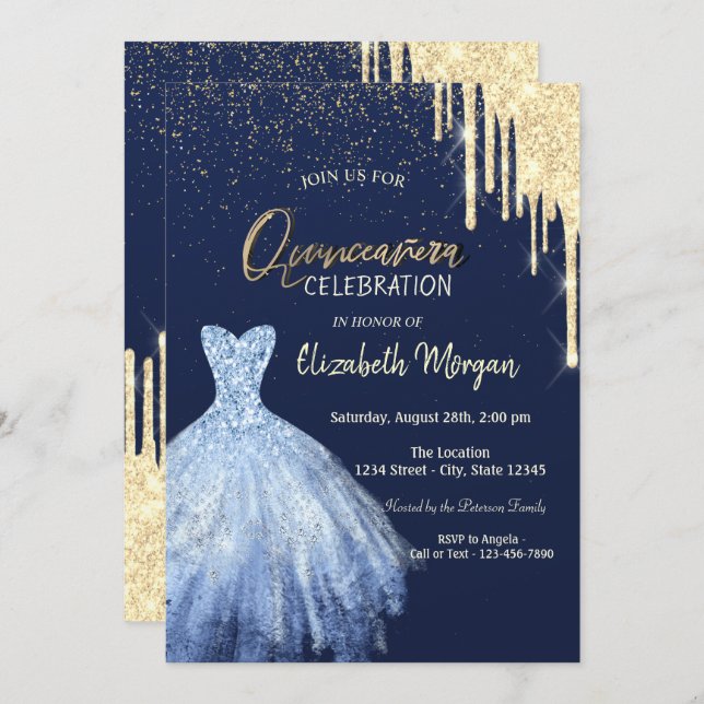 Blue Dress Guld Glitter Drip Quinceañera Inbjudningar (Fram/baksida)