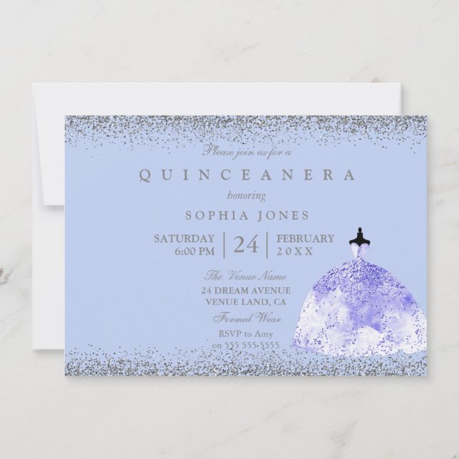 Blue Dress Silver Glitter Quinceanera Party Inbjud Inbjudningar (Baksida)