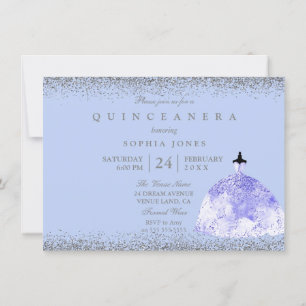 Blue Dress Silver Glitter Quinceanera Party Inbjud Inbjudningar
