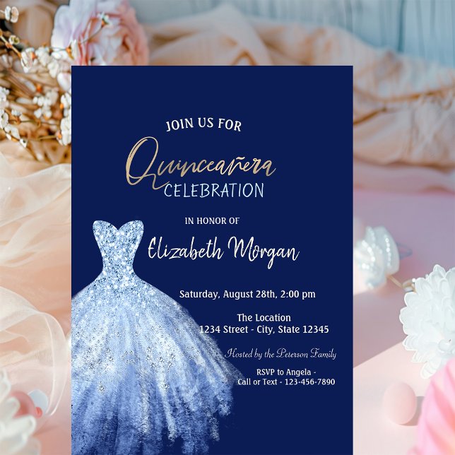 Blue Dress Stars Galaxy Navy Blue Quinceañera Inbjudningar (Skapare uppladdad)