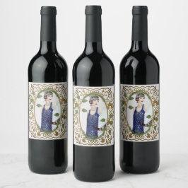 Blue Dress Vintage 1920s Flapper Art Deco Woman Vinflaska Etikett