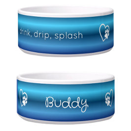 Blue 'drink drip splash' Dog Name Bowl