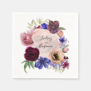 Blue Dusty Rosa och Burgundy Blommigt Watercolor Pappersservett