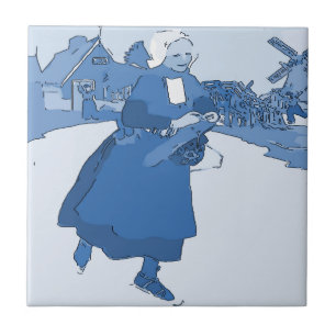 Blue Dutch Girl Skating Kakelplatta