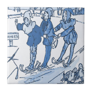 Blue Dutch Kids Skiing Kakelplatta