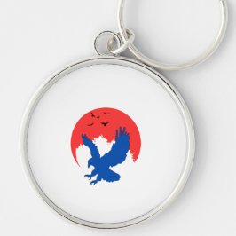 Blue Eagle Silhouette med Red Måne Keychain Rund Silverfärgad Nyckelring