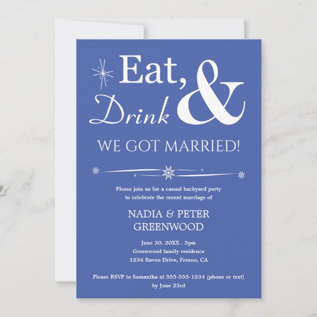 Blue Eat Drink We Har Married Photo Elope Party Inbjudningar (Framsida)