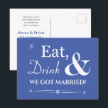 Blue Eat Drink We Har Married Retro Elopement Vykort<br><div class="desc">Vänner och familj i inbjudan för att hjälpa dig att fira ditt senaste giftermål med den här funkyn,  retro vit på blått,  dryck och vara gift!</div>