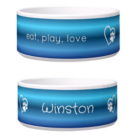 Blue 'eat, play, love' Dog Name Bowl