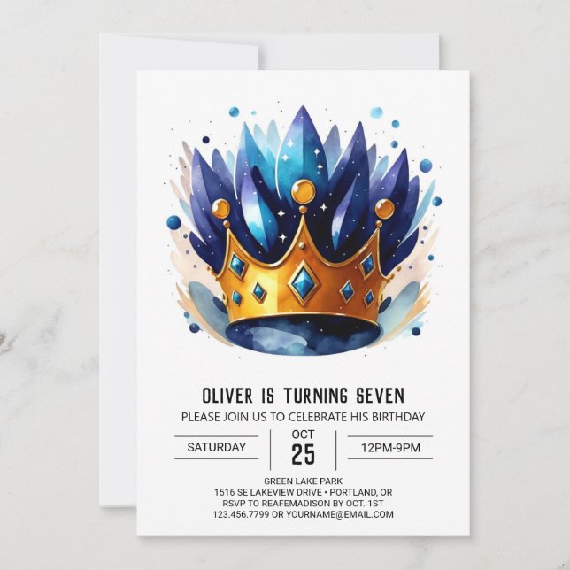 Blue Editable Prince Krona Birthday Inbjudningar (Framsida)