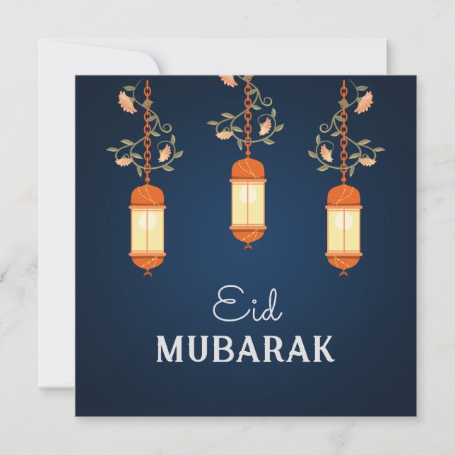 Blue Eid Mubarak Blommigt Lantern Islamic Julkort (Framsida)