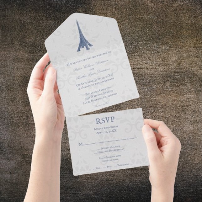 Blue Eiffel Torn Damask allt i en bröllopsinbjudan (Blue Eiffel Tower Damask All in One Wedding Invite)