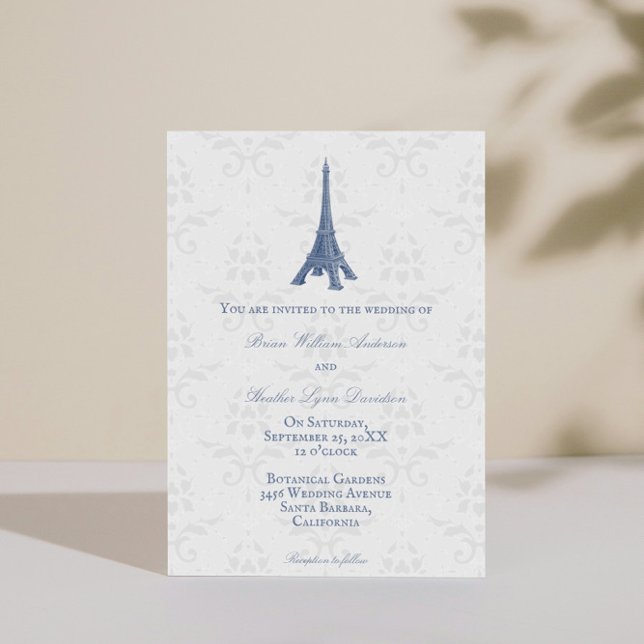 Blue Eiffel Torn Damask bröllopsinbjudan Inbjudningar (Blue Eiffel Tower Damask Wedding Invitation)