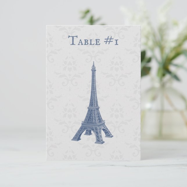 Blue Eiffel Torn Damask Wedding Bord Card Inbjudningar (Stående Fram)