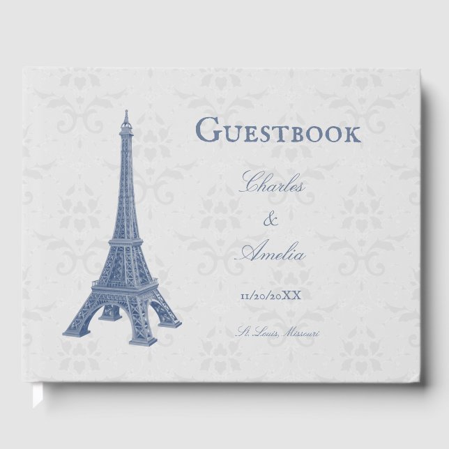 Blue Eiffel Torn Damask Wedding Guestbook Gästböcker (Framsida)