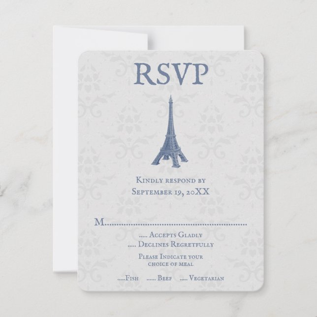 Blue Eiffel Torn Damask Wedding OSA kort (Framsida)