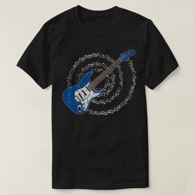 Blue Electric Guitar Spiraling Musical Notes  T Shirt (Design framsida)