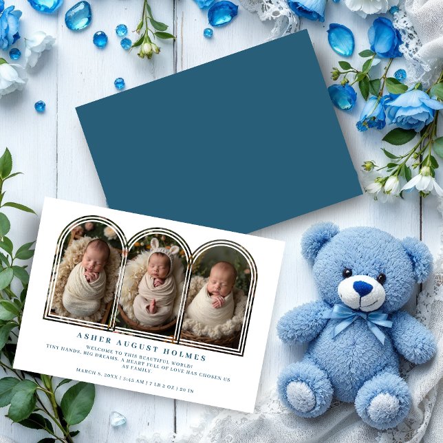 Blue Elegant 3-Photo Collage Arch Newborn  Meddelande (Blue Elegant 3-Photo Collage Arch Newborn Birth Announcement Cards. )