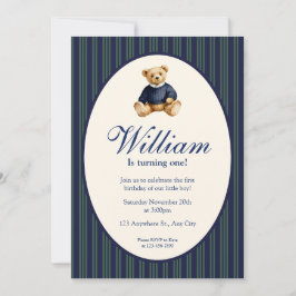 Blue Elegant Babys First Birthday Teddy Bear Invit Inbjudningar