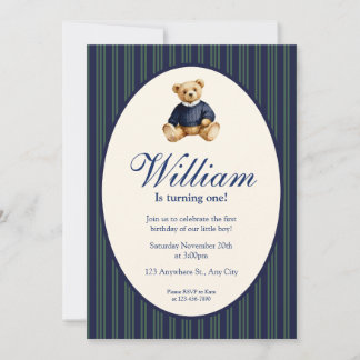 Blue Elegant Babys First Birthday Teddy Bear Invit Inbjudningar