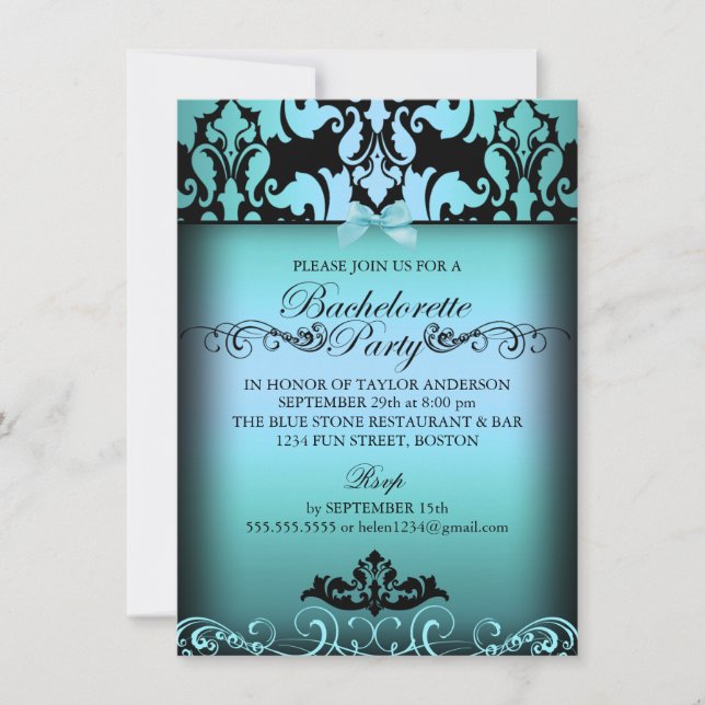Blue Elegant Damask Bachelorette Party-inbjudan Inbjudningar (Framsida)