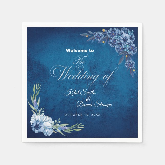 Blue Elegant floral summer wedding Pappersservett (Framsidan)